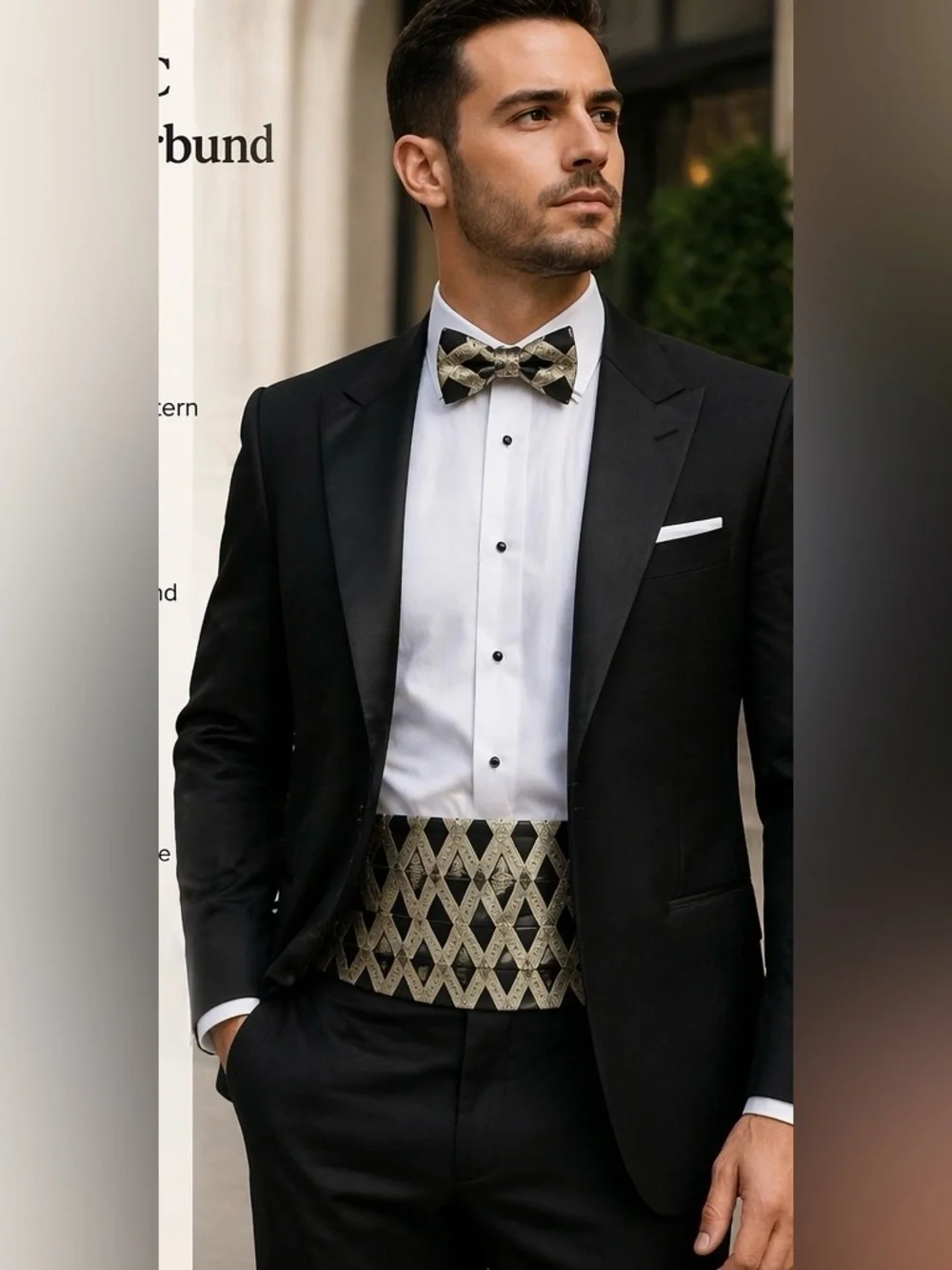 VTG Fumagalli’s Cummerbund & Bow Tie Set Gold Black Geometric Silk Formal Tux